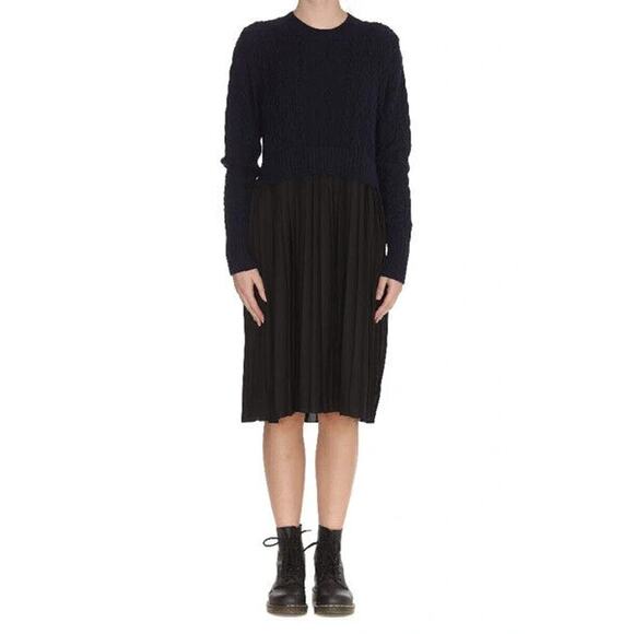 Kenzo Dresses & Skirts - KENZO Dress Blue Black Cable Knit Wool Layered Mixed Media Pleated Crepe…